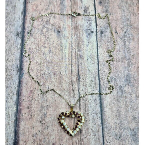 Gold Tone Double Heart Crystal Pendant Dainty Chain Necklace 18" - Picture 7 of 8